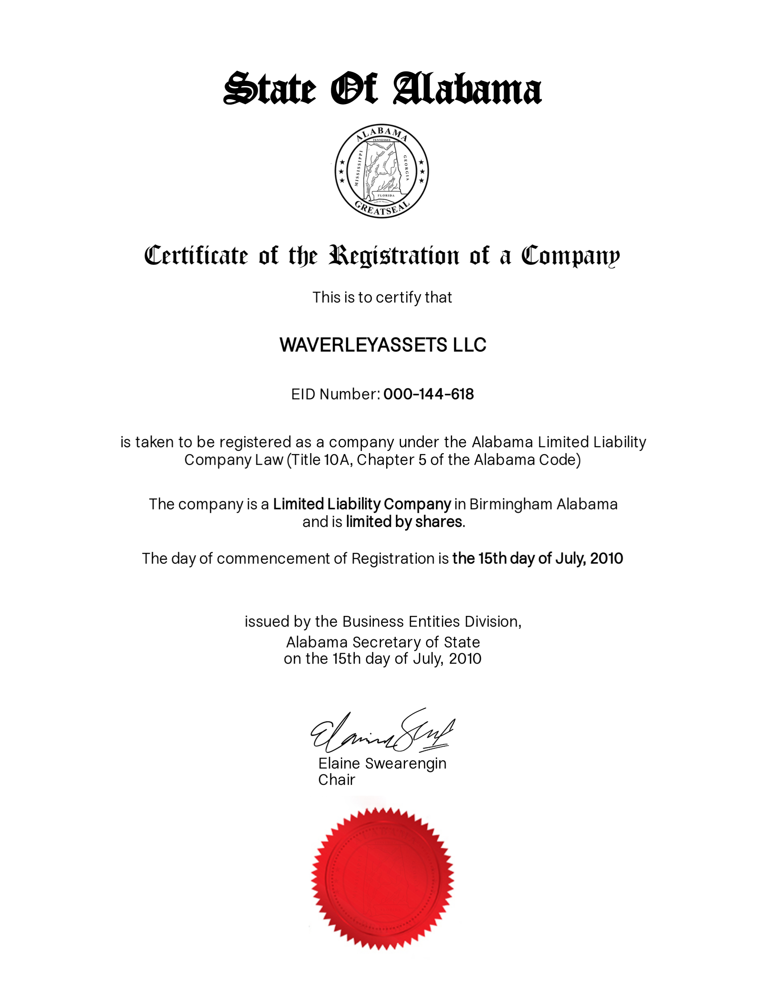 WaverleyAssets certificate of registration